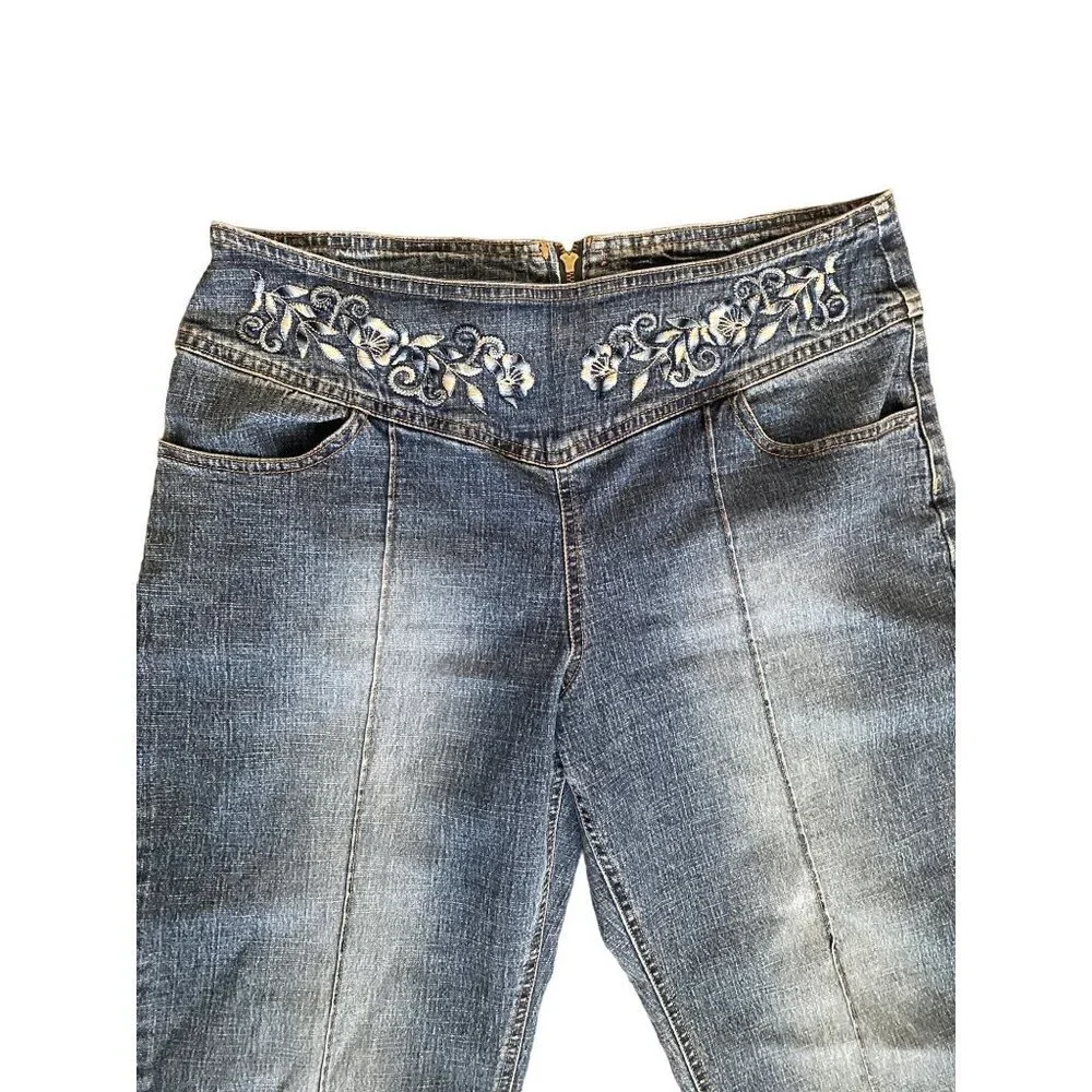 Vintage‎ Y2K Floral Embroidered Mid Waist Jeans cropped Denim Pants Women 10